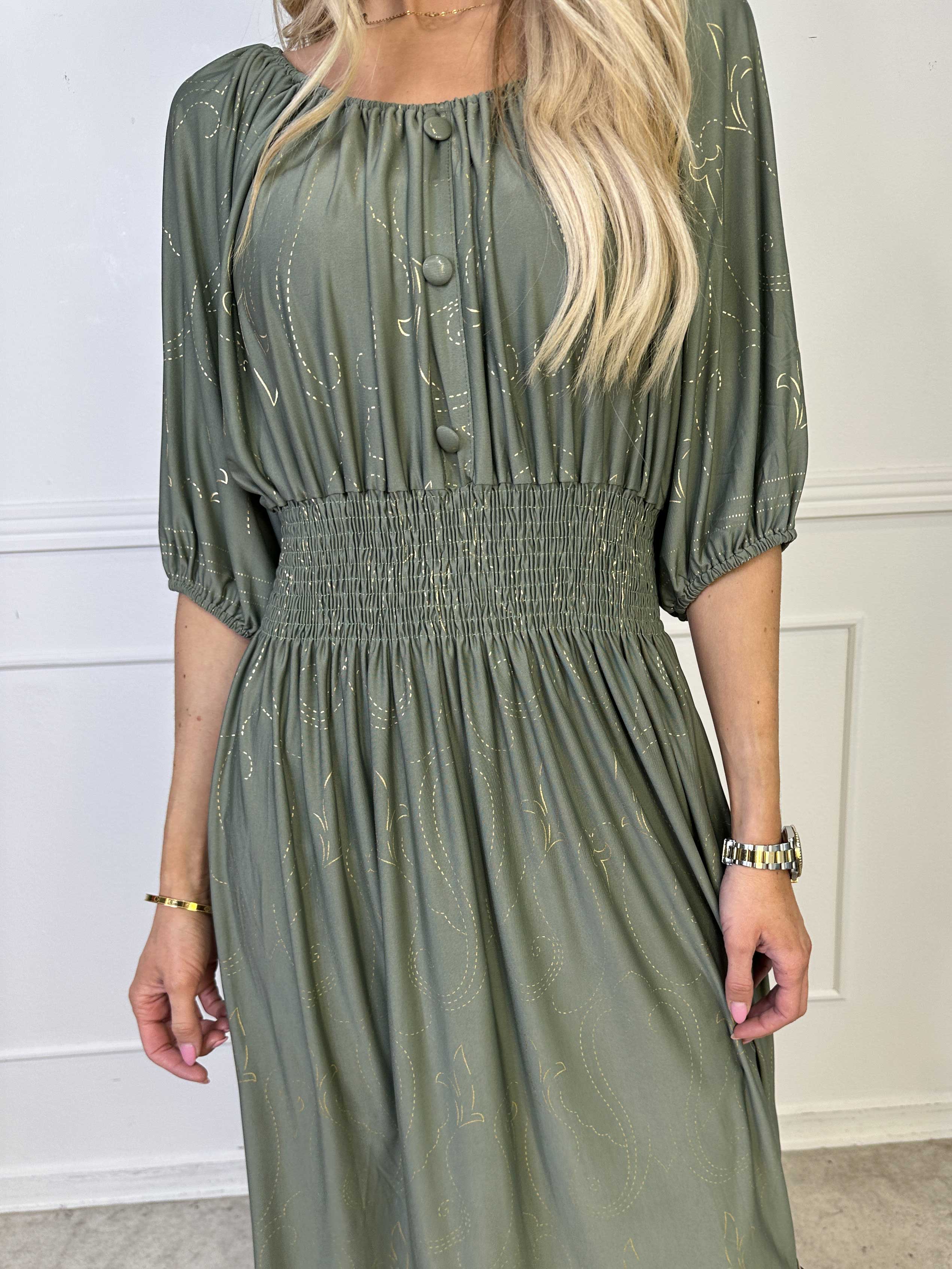 Cora Royal Gold Midi - Elastisk kjole med guld print